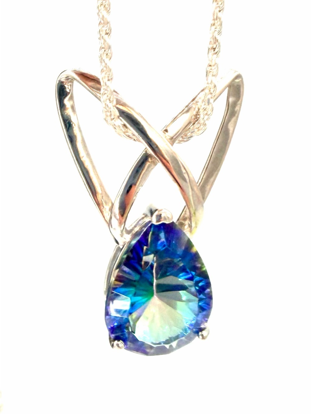 Vintage Caribbean Quartz / Mystic Quartz Teardrop Pendant Sterling Silver 30”
